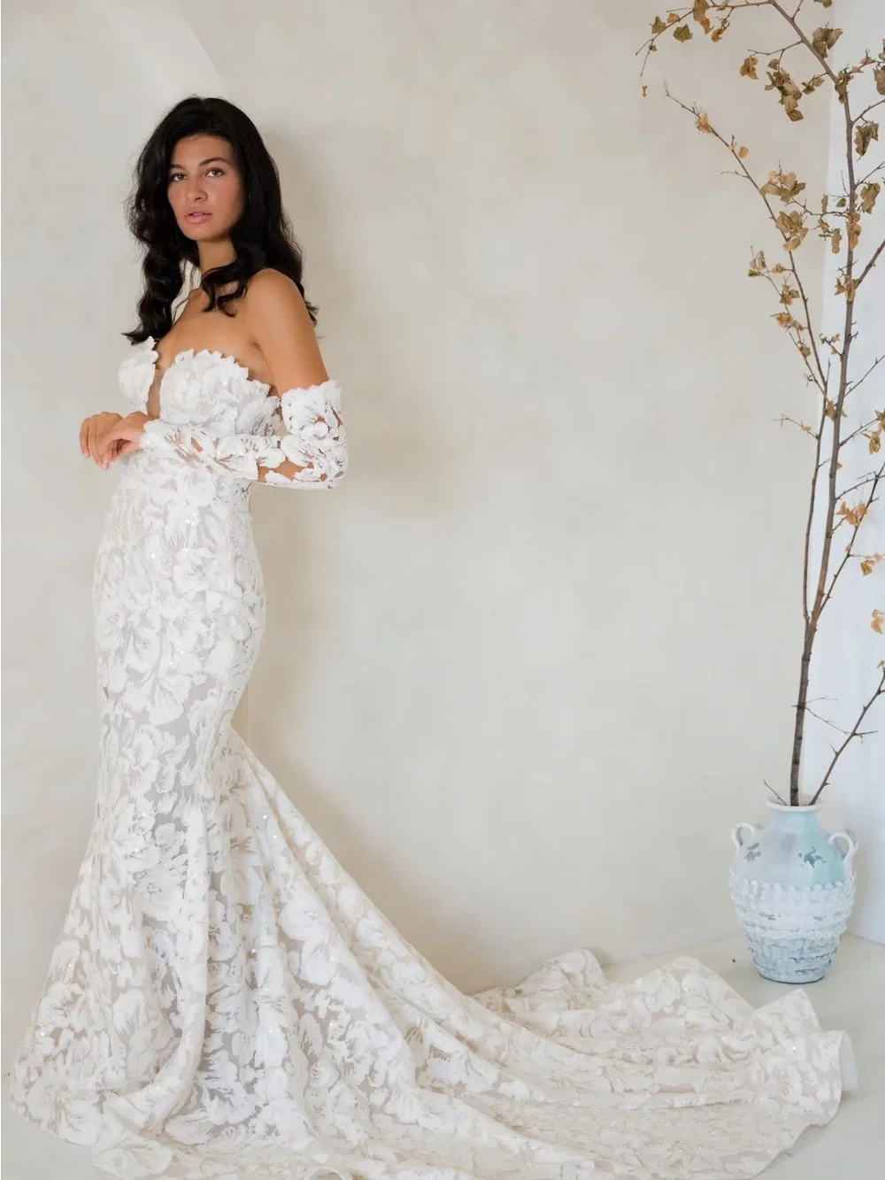Bridal Lace Sequin Forearm Gloves - White over Nude